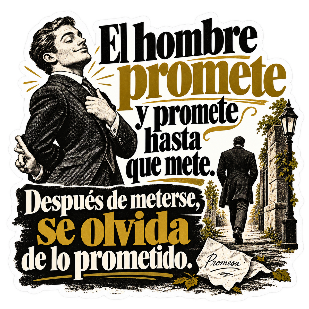 El hombre promete y promete hasta que mete. Después de meterse, se olvida de lo prometido.